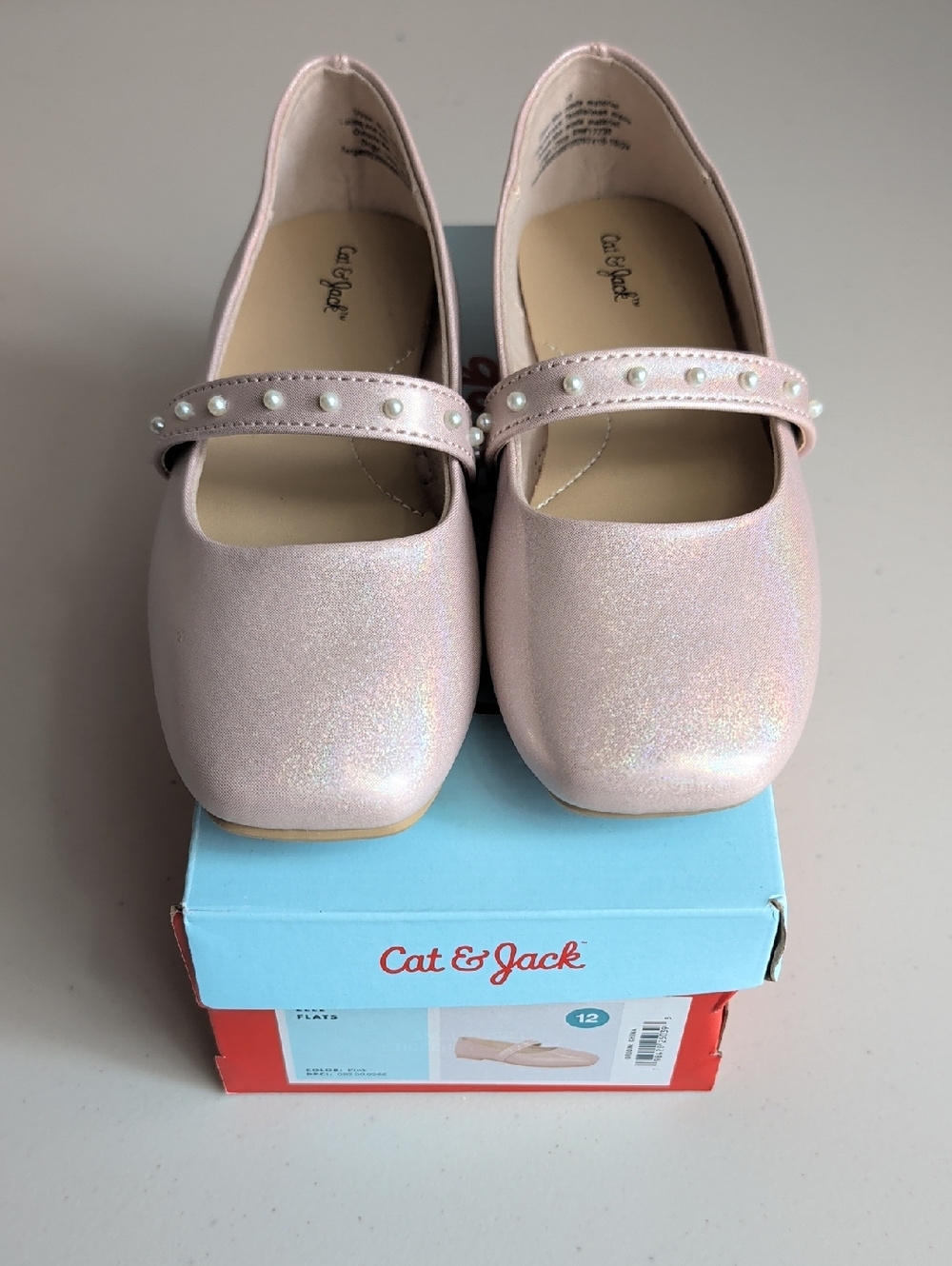 Cat & Jack Girls' Shimmer Pink Mary Jane Flats with Pearls